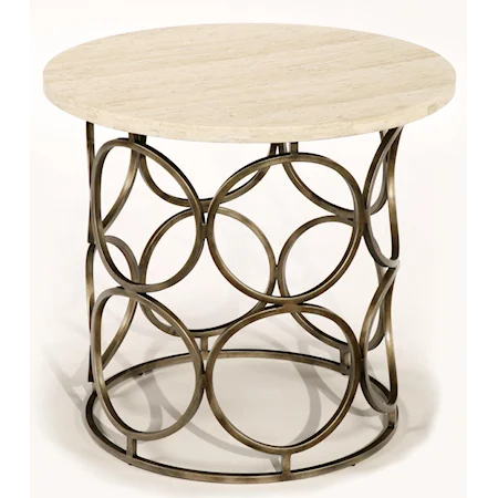 Round End Table with Travertine Top and Circular Antiqued Brass Base